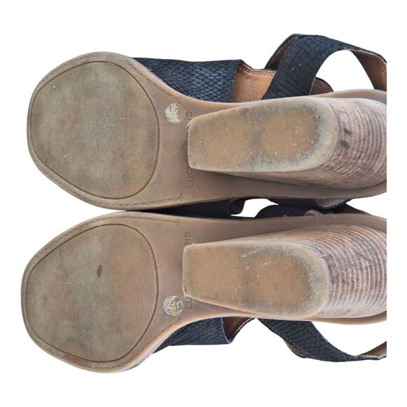 Lucky Brand Labradite Wedge Stack Heel Sandals Black Leather Snake Texture sz 11 - Picture 13 of 16